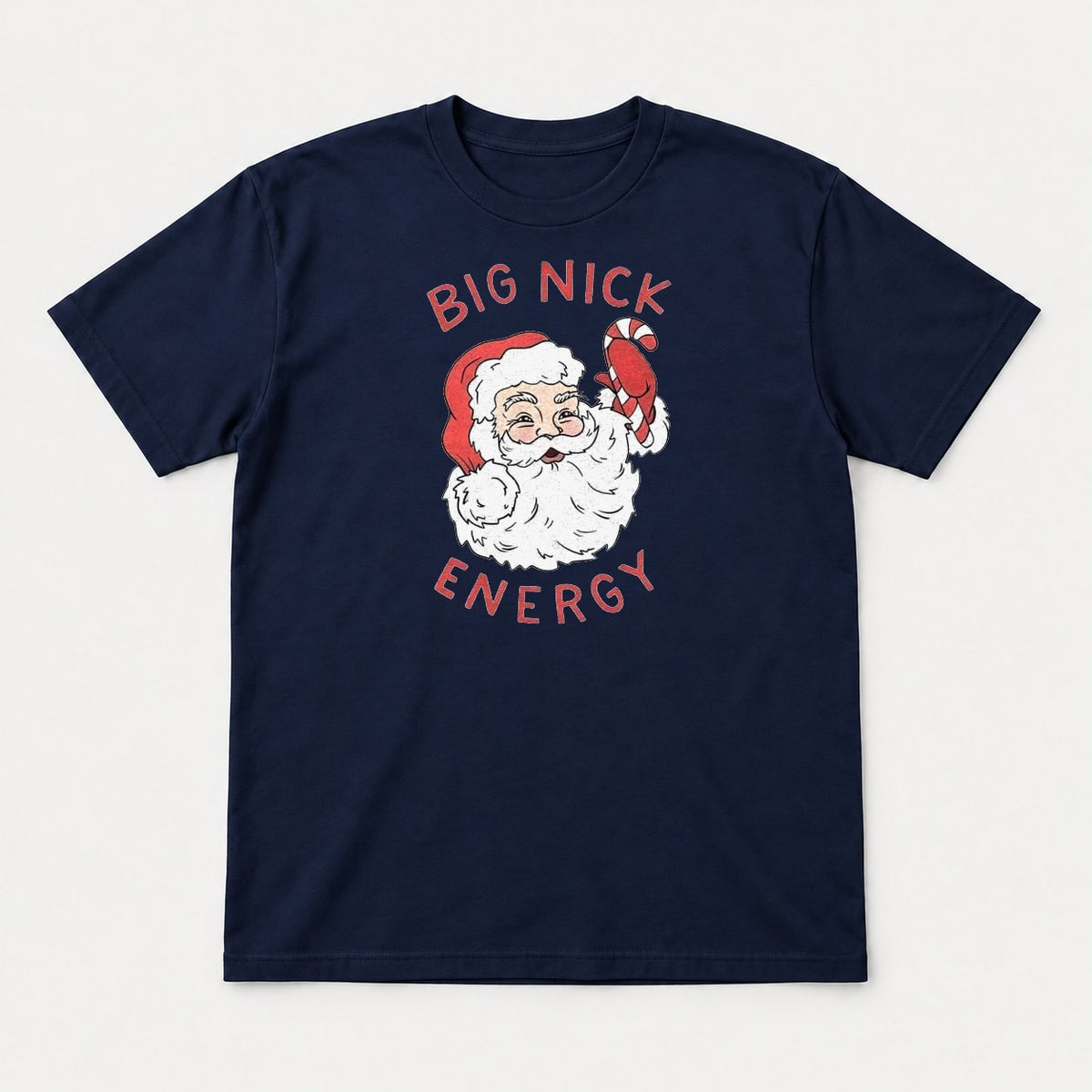 Big Nick Energy Retro Santa Claus Candy Cane Graphic T-Shirt & Sweatshirt - Tshirt Navy Front