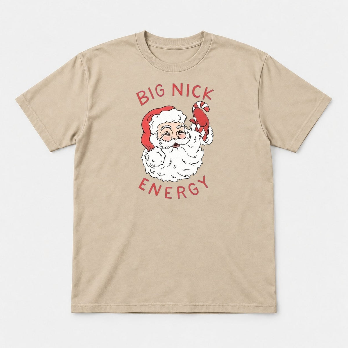 Big Nick Energy Retro Santa Claus Candy Cane Graphic T-Shirt & Sweatshirt - Tshirt Sand Front