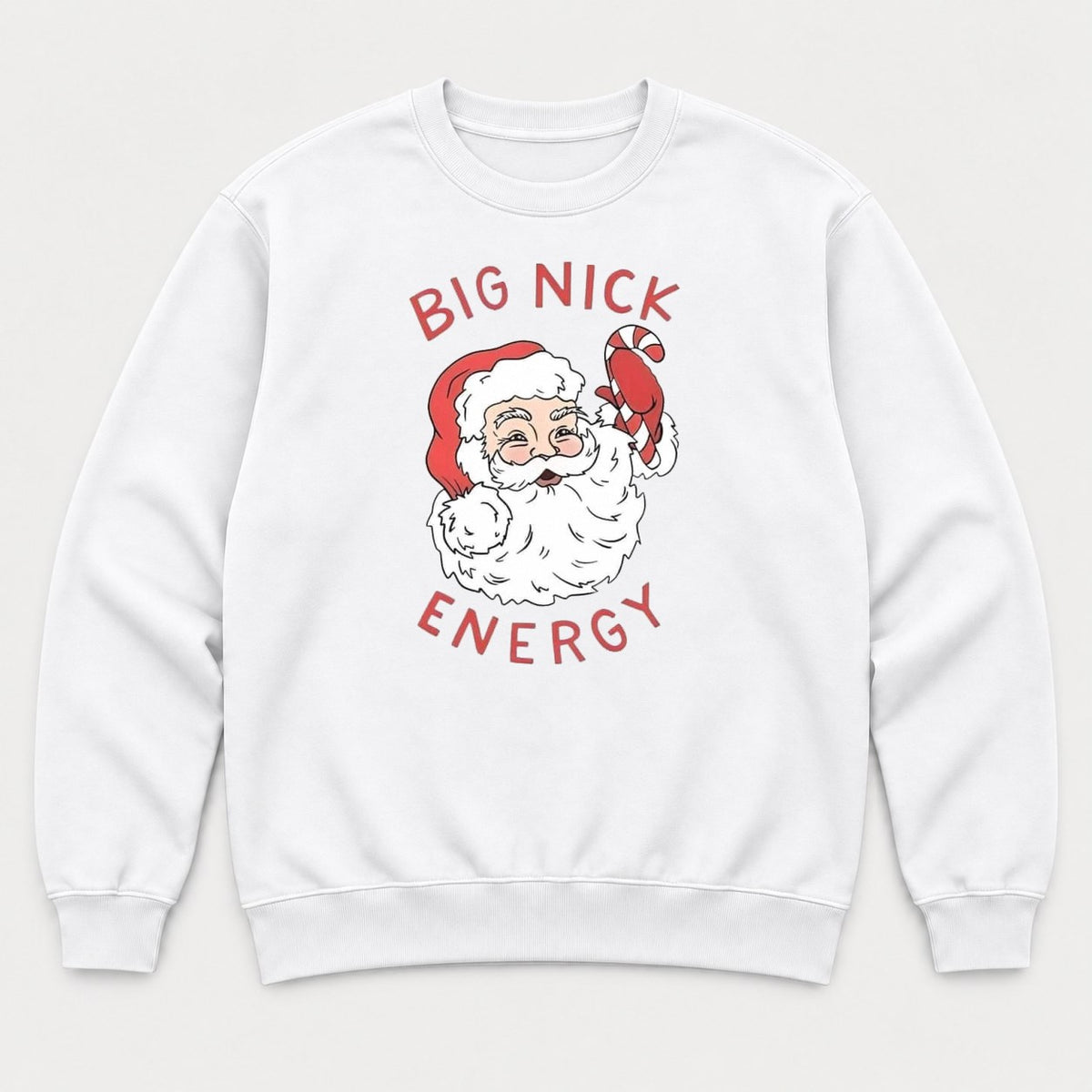 Big Nick Energy Retro Santa Claus Candy Cane Graphic T-Shirt & Sweatshirt - Sweatshirt White Front
