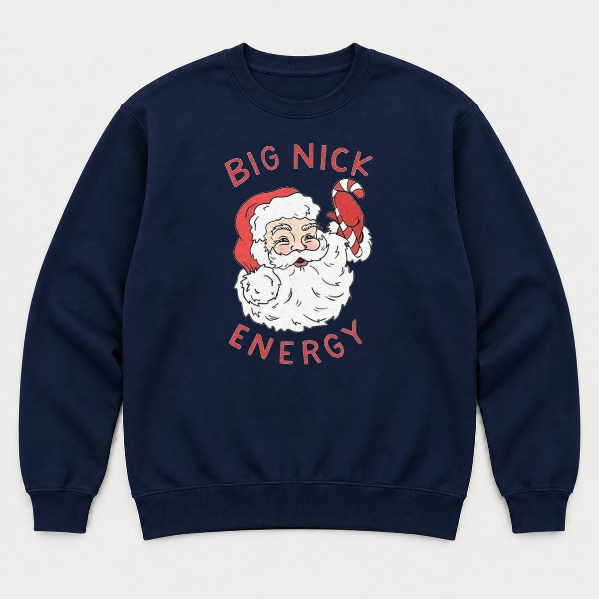 Big Nick Energy Retro Santa Claus Candy Cane Graphic T-Shirt & Sweatshirt - Sweatshirt Navy Front