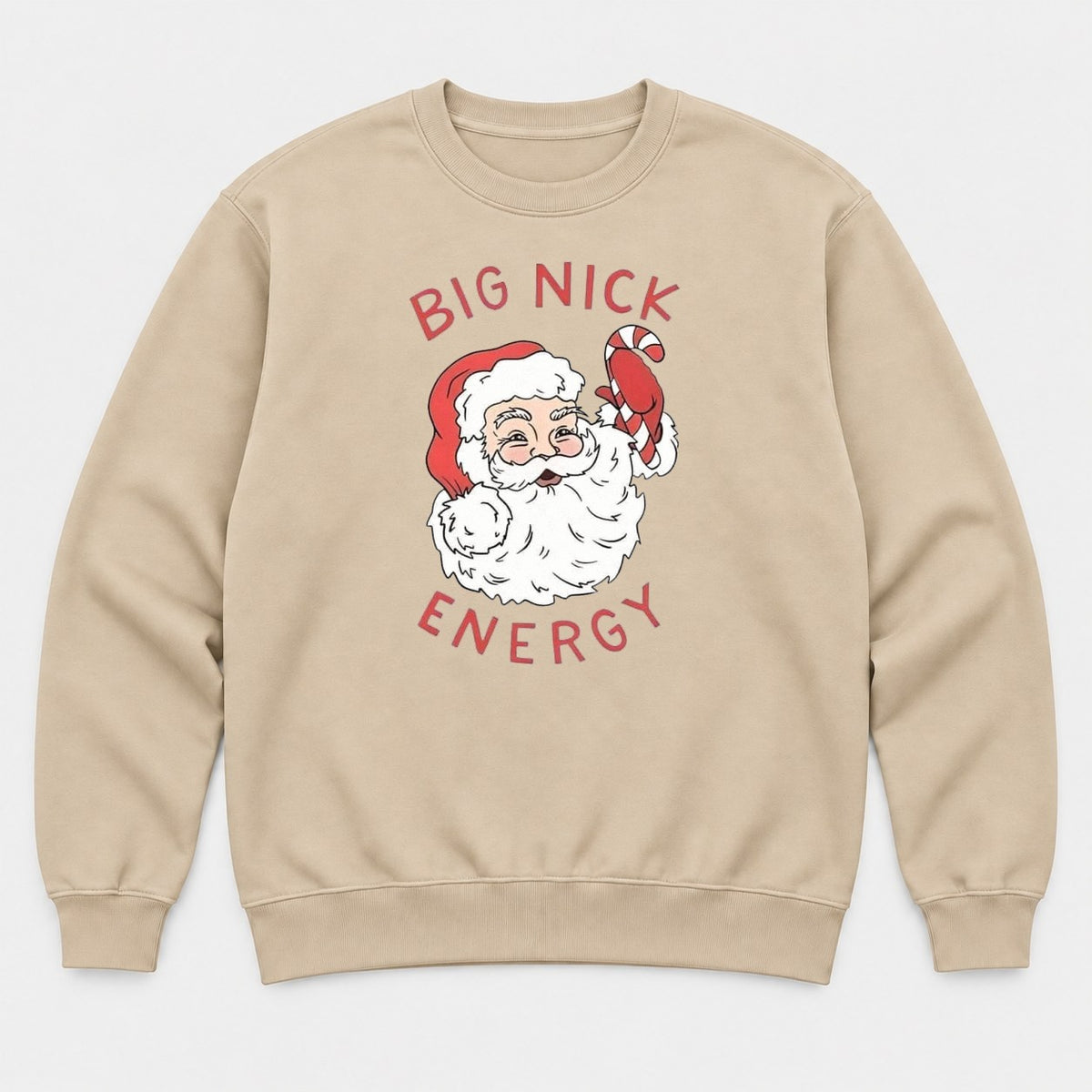 Big Nick Energy Retro Santa Claus Candy Cane Graphic T-Shirt & Sweatshirt - Sweatshirt Sand Front