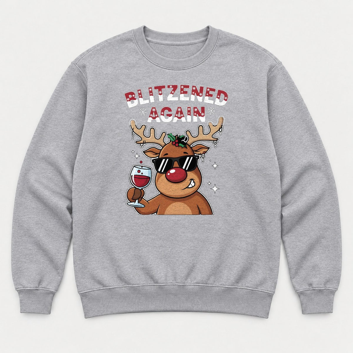 Blitzened Again Funny Reindeer Wine Christmas Graphic T-Shirt & Sweatshirt - Sweatshirt Sport Grey Front