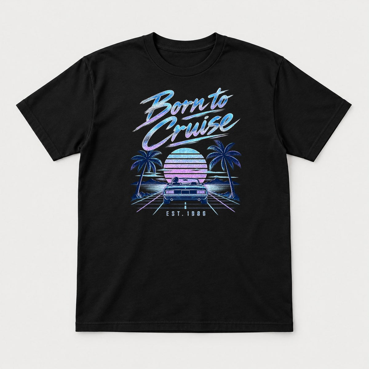 Born to Cruise 1980s Retro Sunset Convertible Graphic T-Shirt & Sweatshirt - Tshirt Black Front