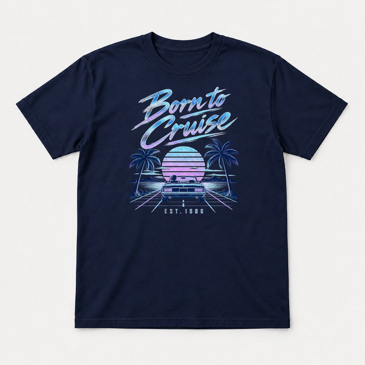 Born to Cruise 1980s Retro Sunset Convertible Graphic T-Shirt & Sweatshirt - Tshirt Navy Front