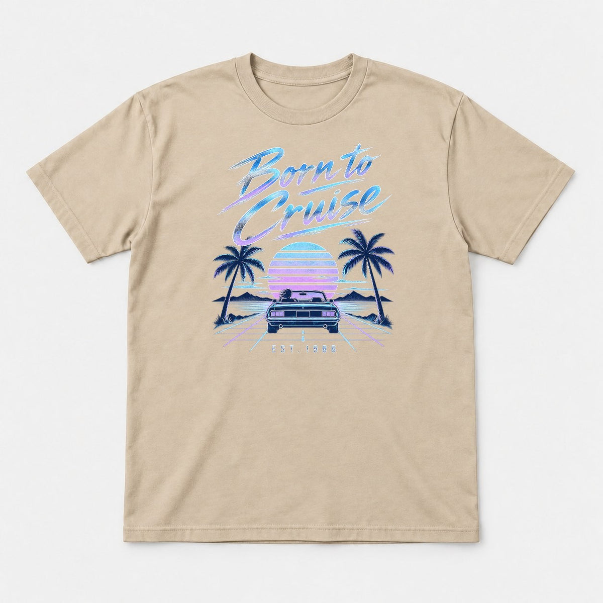 Born to Cruise 1980s Retro Sunset Convertible Graphic T-Shirt & Sweatshirt - Tshirt Sand Front