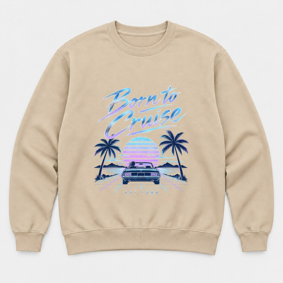 Born to Cruise 1980s Retro Sunset Convertible Graphic T-Shirt & Sweatshirt - Sweatshirt Sand Front