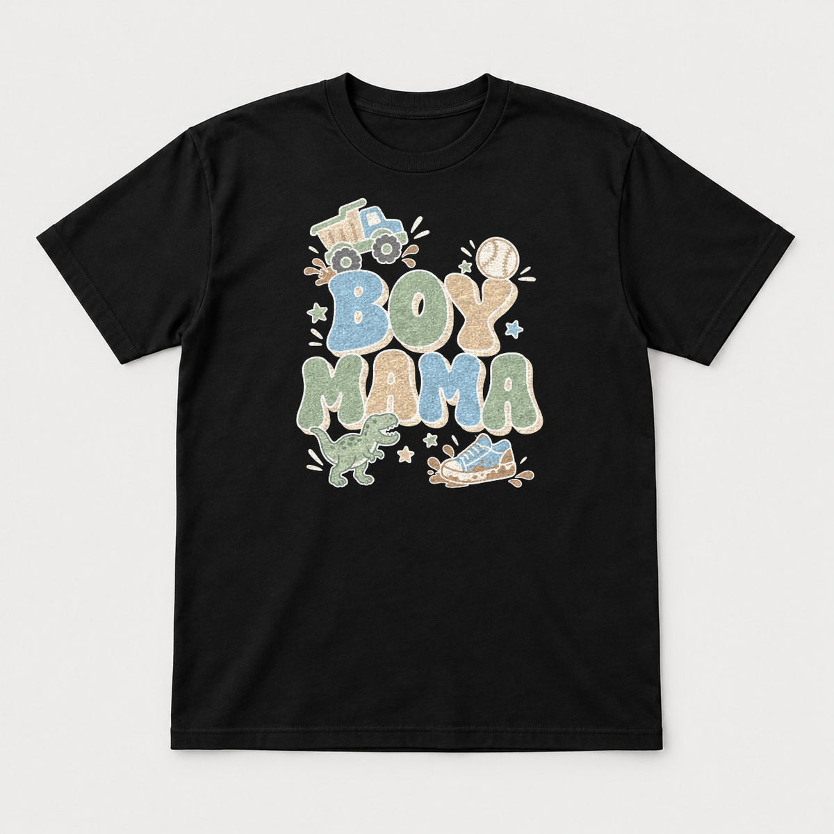 Boy Mama Retro Dump Truck Dinosaur Graphic T-Shirt & Sweatshirt - Tshirt Black Front