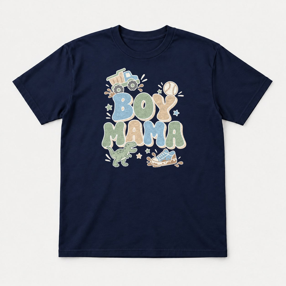 Boy Mama Retro Dump Truck Dinosaur Graphic T-Shirt & Sweatshirt - Tshirt Navy Front