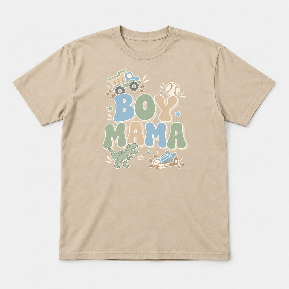 Boy Mama Retro Dump Truck Dinosaur Graphic T-Shirt & Sweatshirt - Tshirt Sand Front