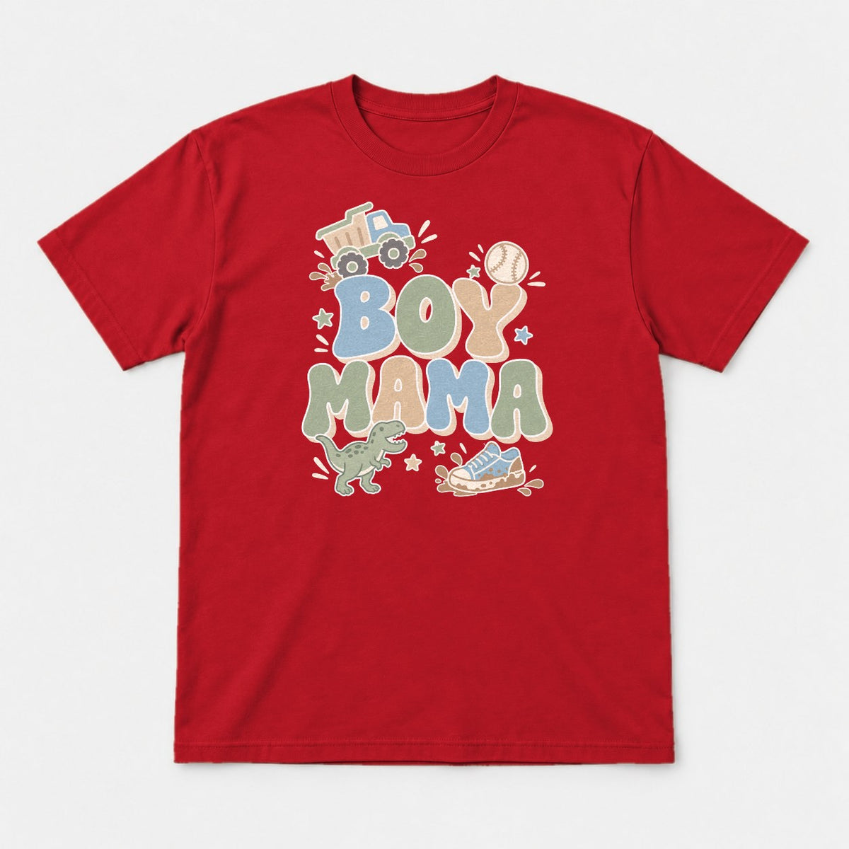 Boy Mama Retro Dump Truck Dinosaur Graphic T-Shirt & Sweatshirt - Tshirt Red Front