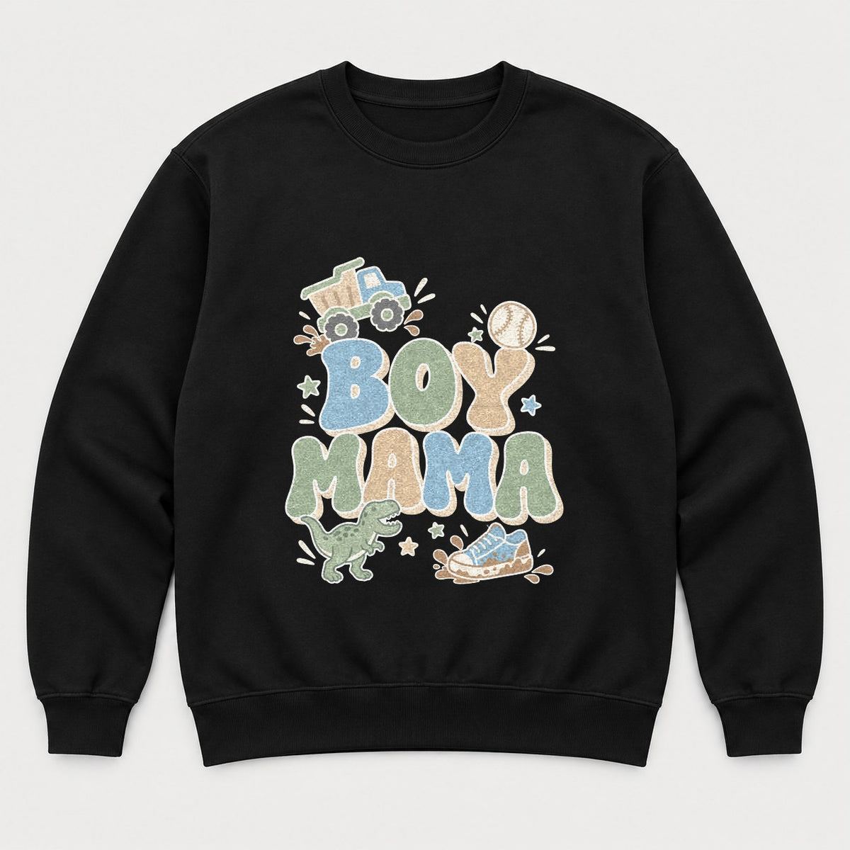 Boy Mama Retro Dump Truck Dinosaur Graphic T-Shirt & Sweatshirt - Sweatshirt Black Front