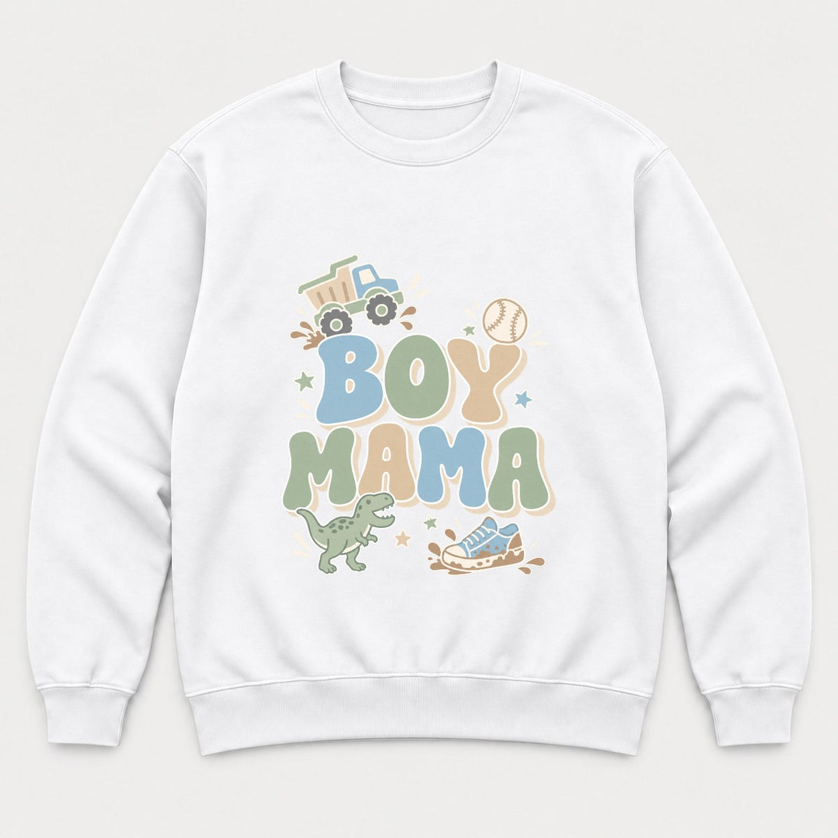 Boy Mama Retro Dump Truck Dinosaur Graphic T-Shirt & Sweatshirt - Sweatshirt White Front