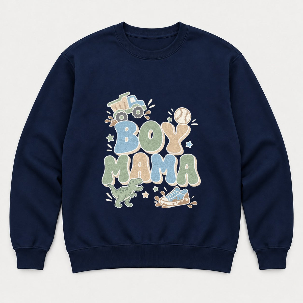Boy Mama Retro Dump Truck Dinosaur Graphic T-Shirt & Sweatshirt - Sweatshirt Navy Front