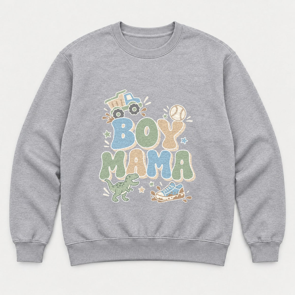 Boy Mama Retro Dump Truck Dinosaur Graphic T-Shirt & Sweatshirt - Sweatshirt Sport Grey Front
