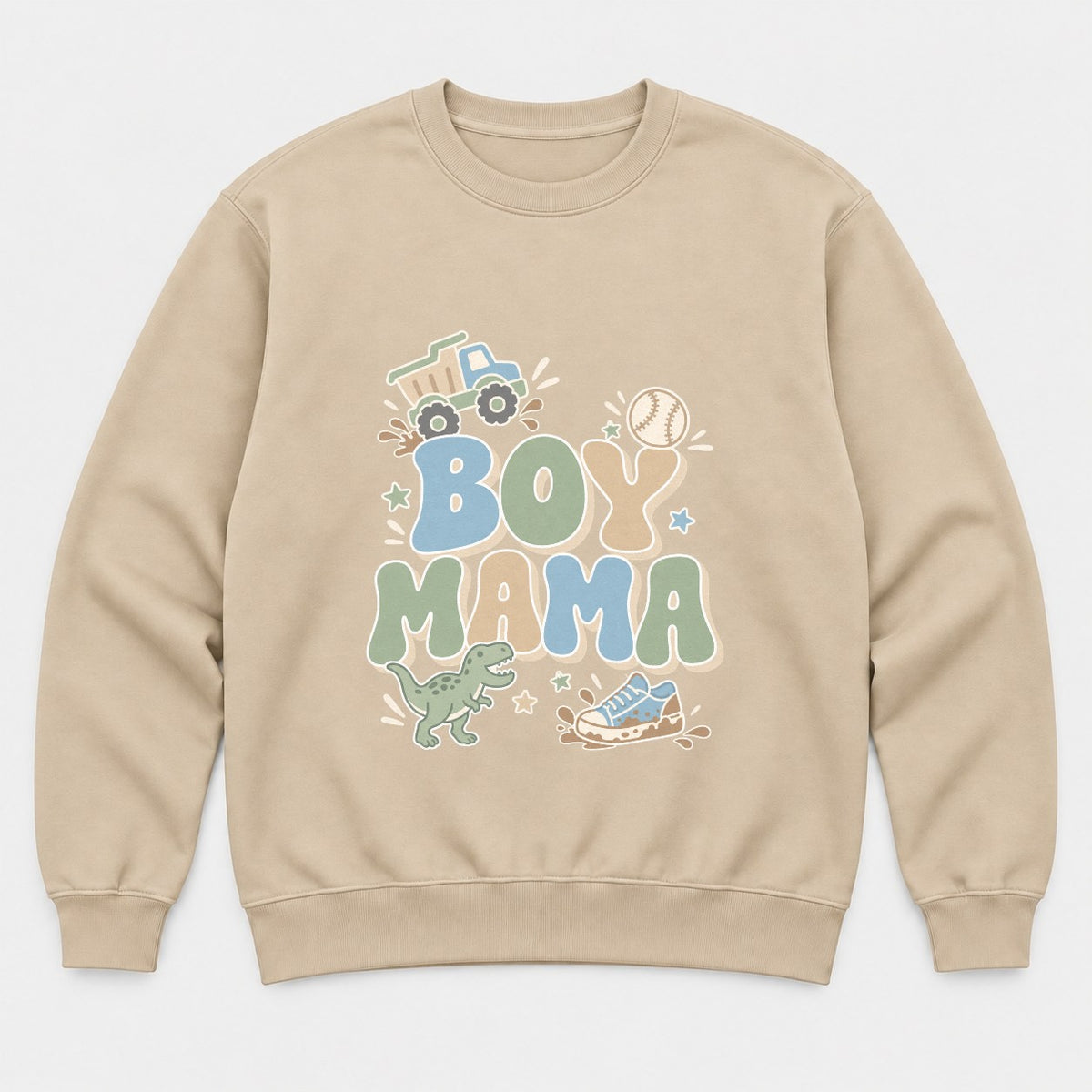 Boy Mama Retro Dump Truck Dinosaur Graphic T-Shirt & Sweatshirt - Sweatshirt Sand Front