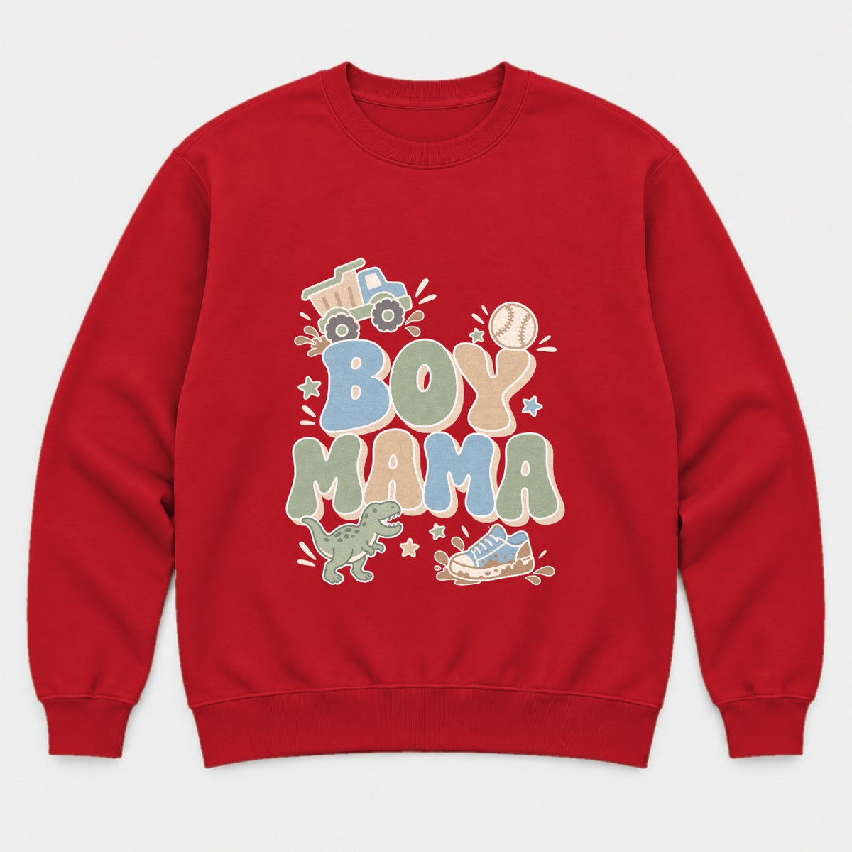 Boy Mama Retro Dump Truck Dinosaur Graphic T-Shirt & Sweatshirt - Sweatshirt Red Front