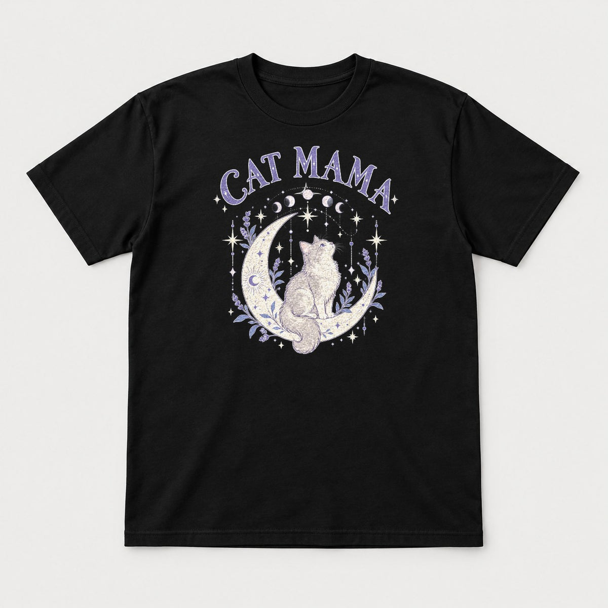 Cat Mama Celestial Moon Lavender Cat Graphic T-Shirt & Sweatshirt - Tshirt Black Front