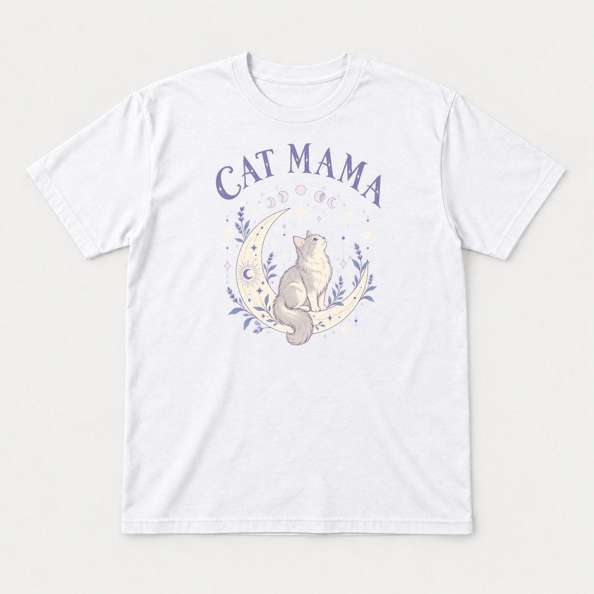 Cat Mama Celestial Moon Lavender Cat Graphic T-Shirt & Sweatshirt - Tshirt White Front