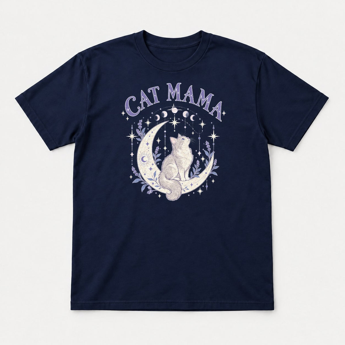 Cat Mama Celestial Moon Lavender Cat Graphic T-Shirt & Sweatshirt - Tshirt Navy Front