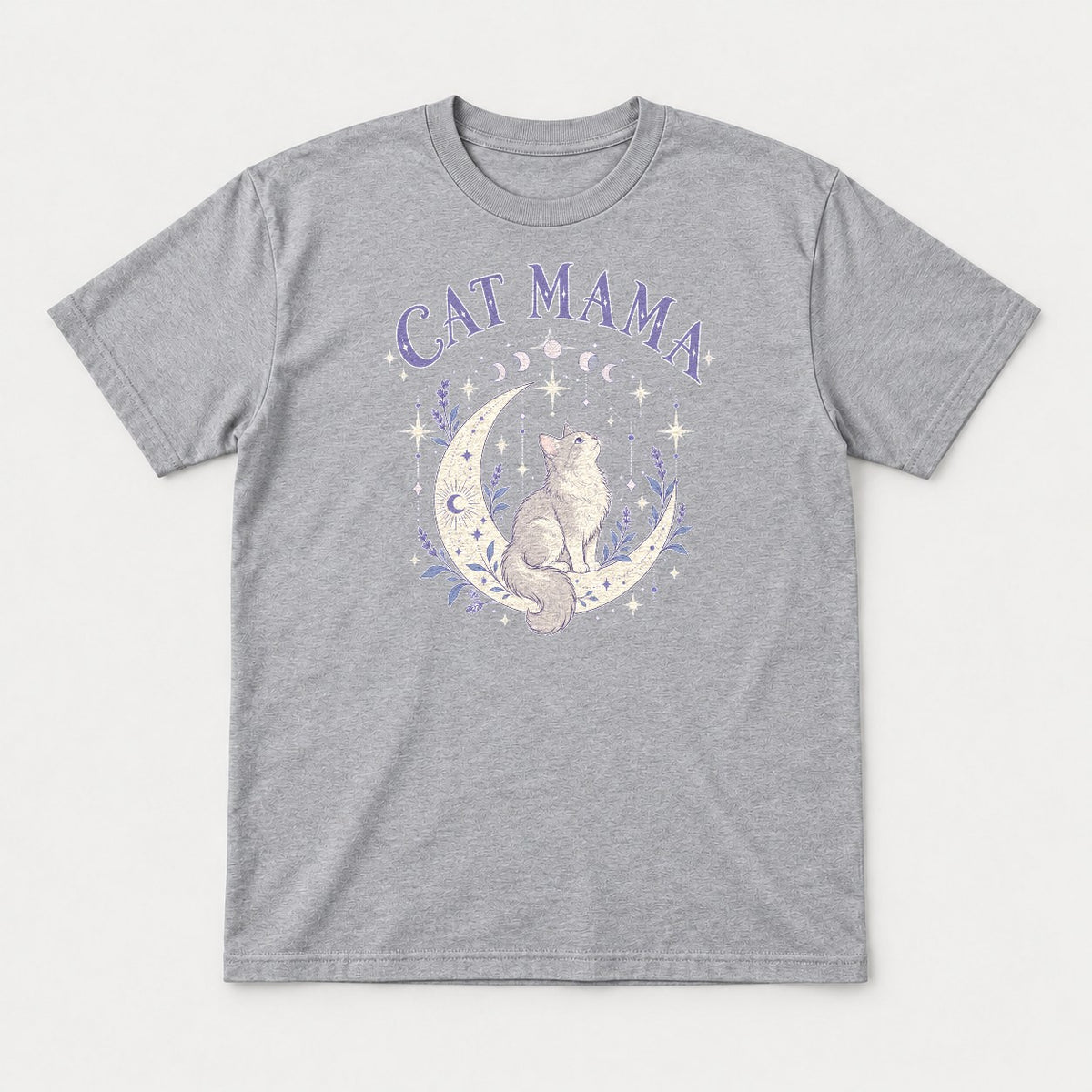 Cat Mama Celestial Moon Lavender Cat Graphic T-Shirt & Sweatshirt - Tshirt Sport Grey Front