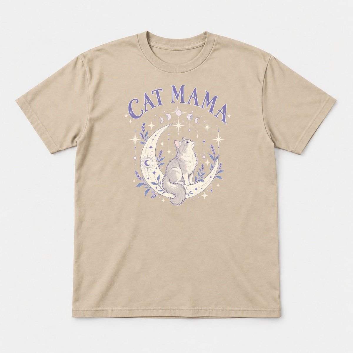 Cat Mama Celestial Moon Lavender Cat Graphic T-Shirt & Sweatshirt - Tshirt Sand Front
