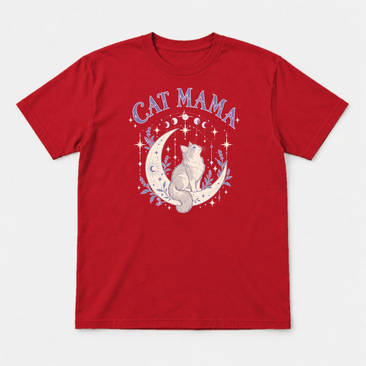 Cat Mama Celestial Moon Lavender Cat Graphic T-Shirt & Sweatshirt - Tshirt Red Front