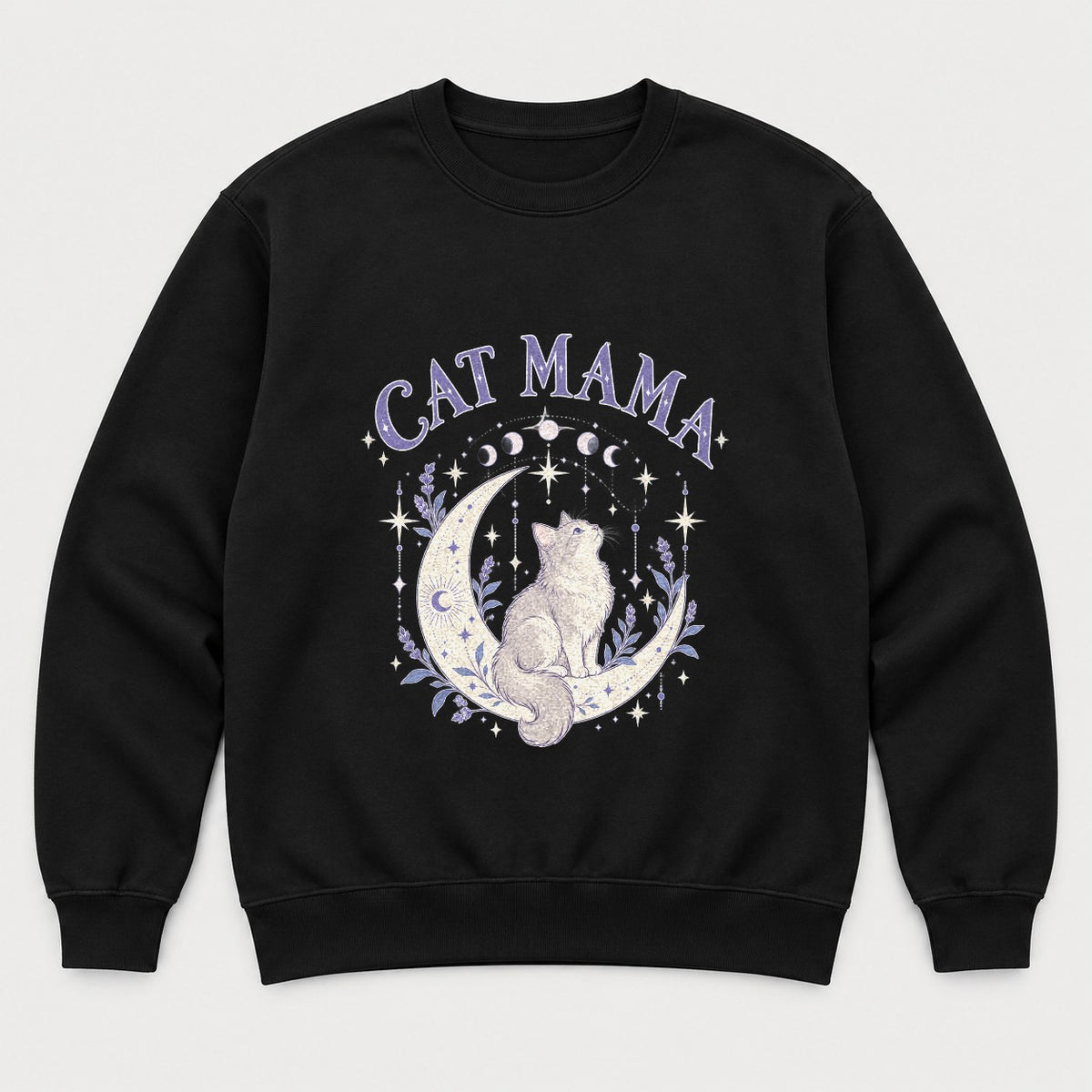 Cat Mama Celestial Moon Lavender Cat Graphic T-Shirt & Sweatshirt - Sweatshirt Black Front