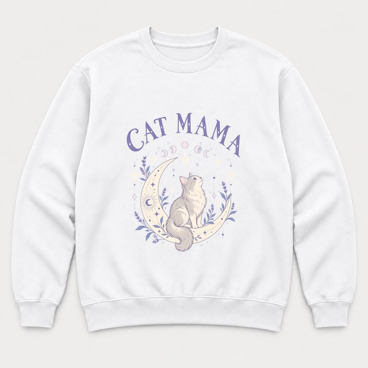 Cat Mama Celestial Moon Lavender Cat Graphic T-Shirt & Sweatshirt - Sweatshirt White Front