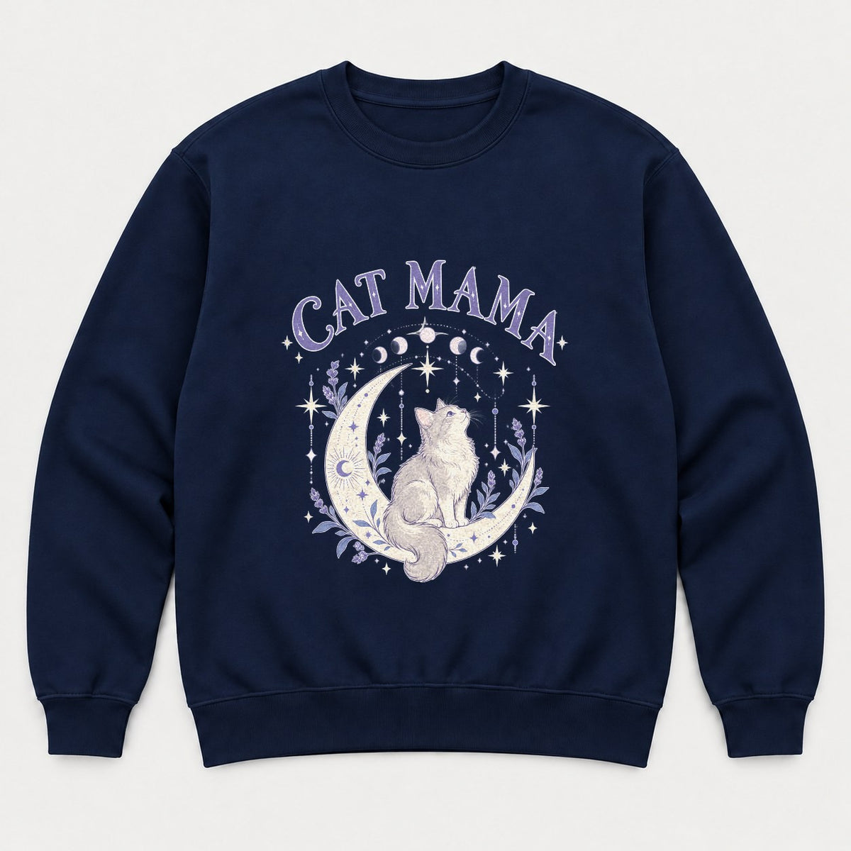 Cat Mama Celestial Moon Lavender Cat Graphic T-Shirt & Sweatshirt - Sweatshirt Navy Front