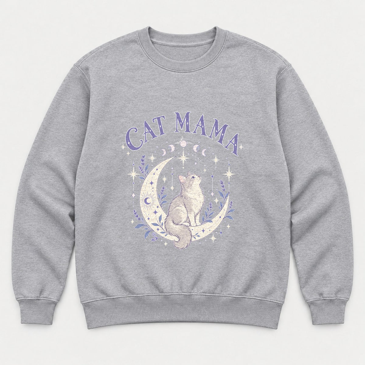 Cat Mama Celestial Moon Lavender Cat Graphic T-Shirt & Sweatshirt - Sweatshirt Sport Grey Front