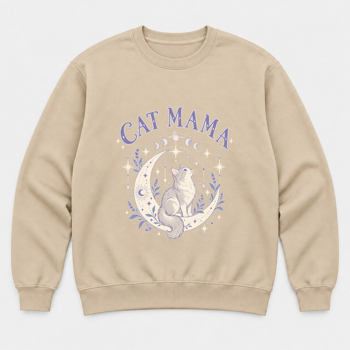 Cat Mama Celestial Moon Lavender Cat Graphic T-Shirt & Sweatshirt - Sweatshirt Sand Front
