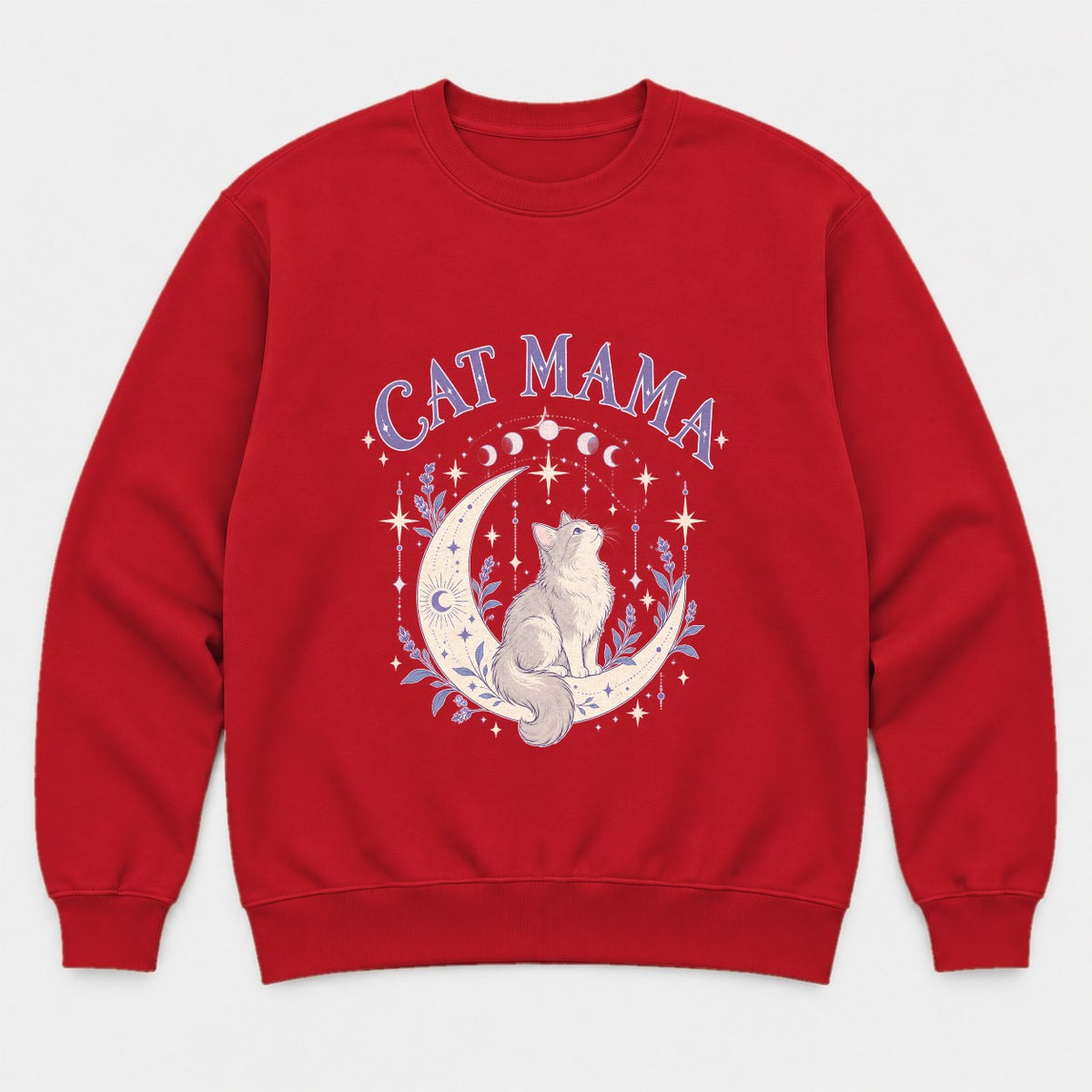 Cat Mama Celestial Moon Lavender Cat Graphic T-Shirt & Sweatshirt - Sweatshirt Red Front