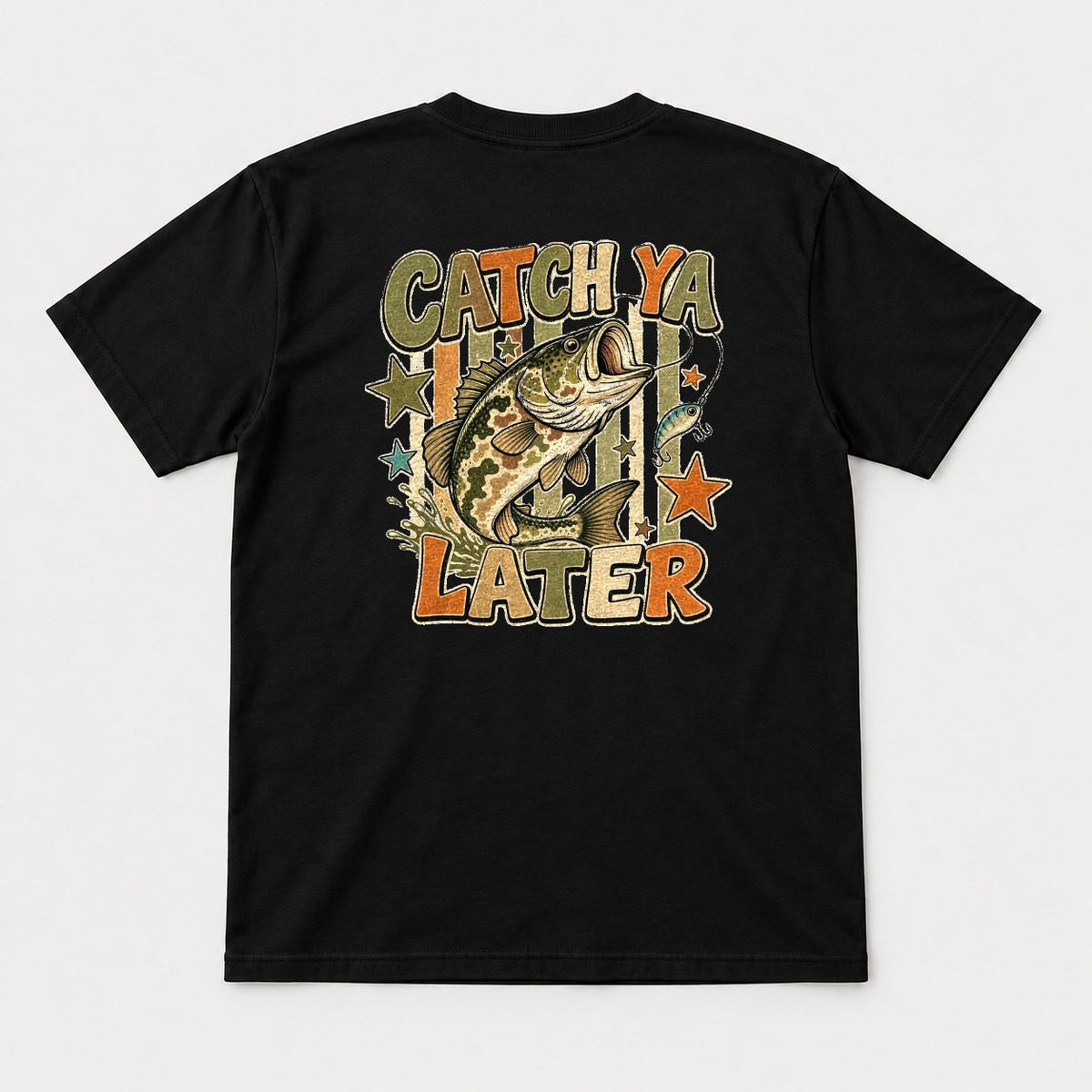 Catch Ya Later Retro Bass Fishing Graphic T-Shirt & Sweatshirt - Tshirt Black Back