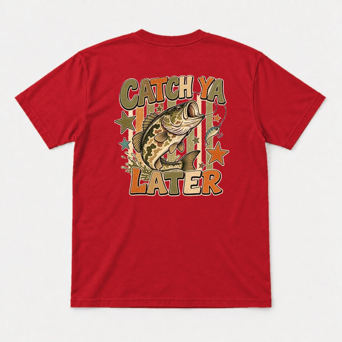 Catch Ya Later Retro Bass Fishing Graphic T-Shirt & Sweatshirt - Tshirt Red Back
