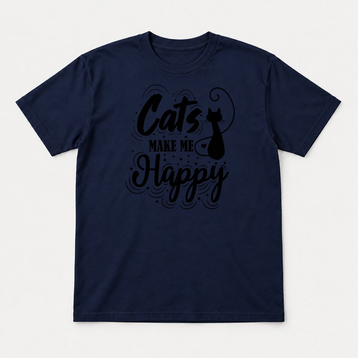 Cats Make Me Happy Black Cat Silhouette Graphic T-Shirt & Sweatshirt - Tshirt Navy Front