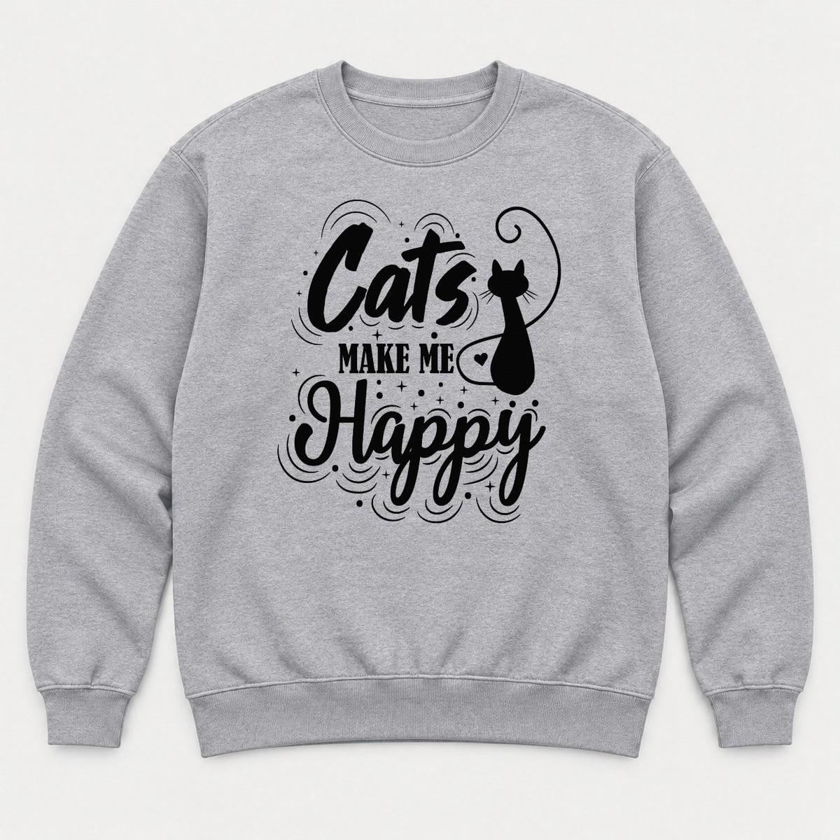 Cats Make Me Happy Black Cat Silhouette Graphic T-Shirt & Sweatshirt - Sweatshirt Sport Grey Front