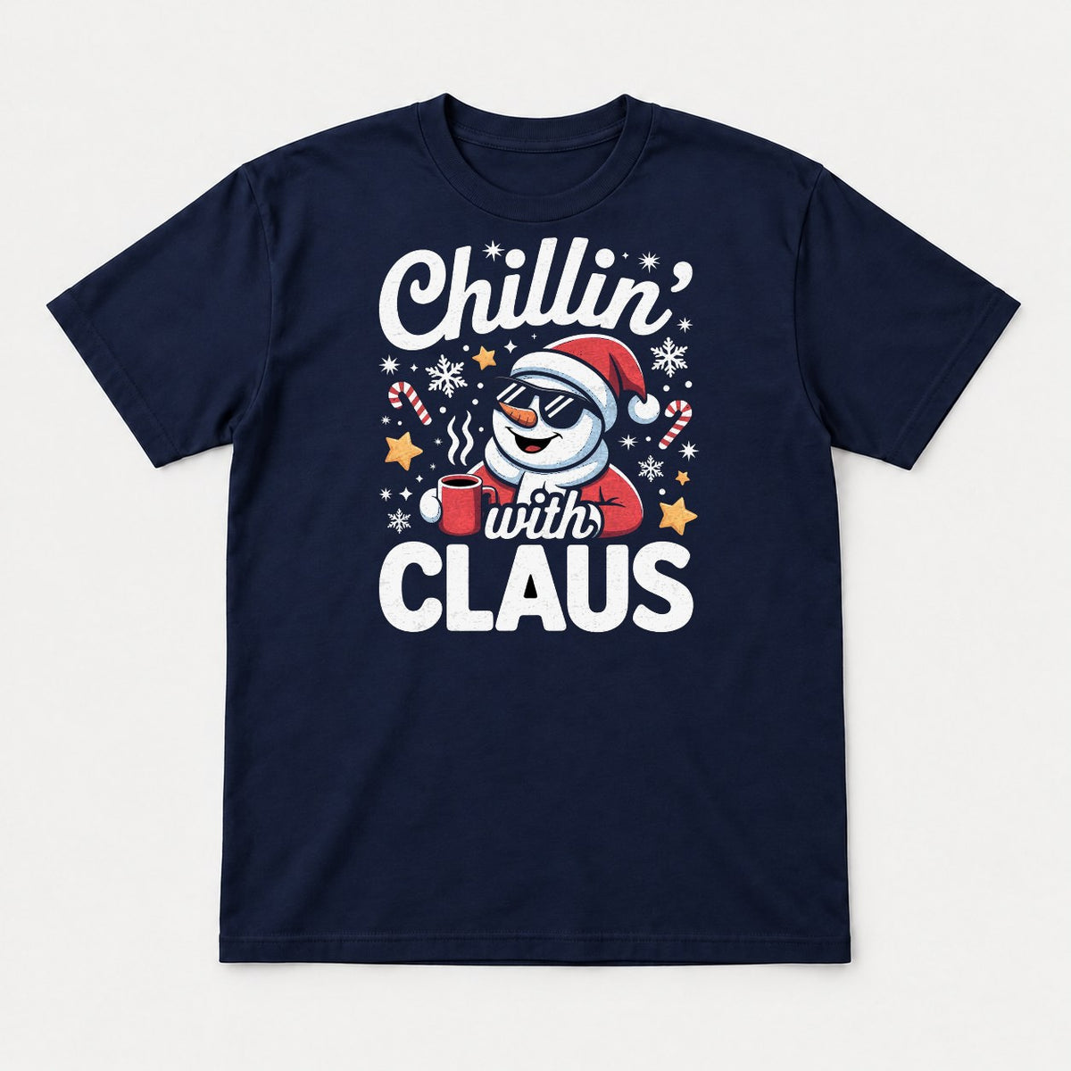 Chillin' With Claus Cool Snowman Santa Hat Graphic T-Shirt & Sweatshirt - Tshirt Navy Front
