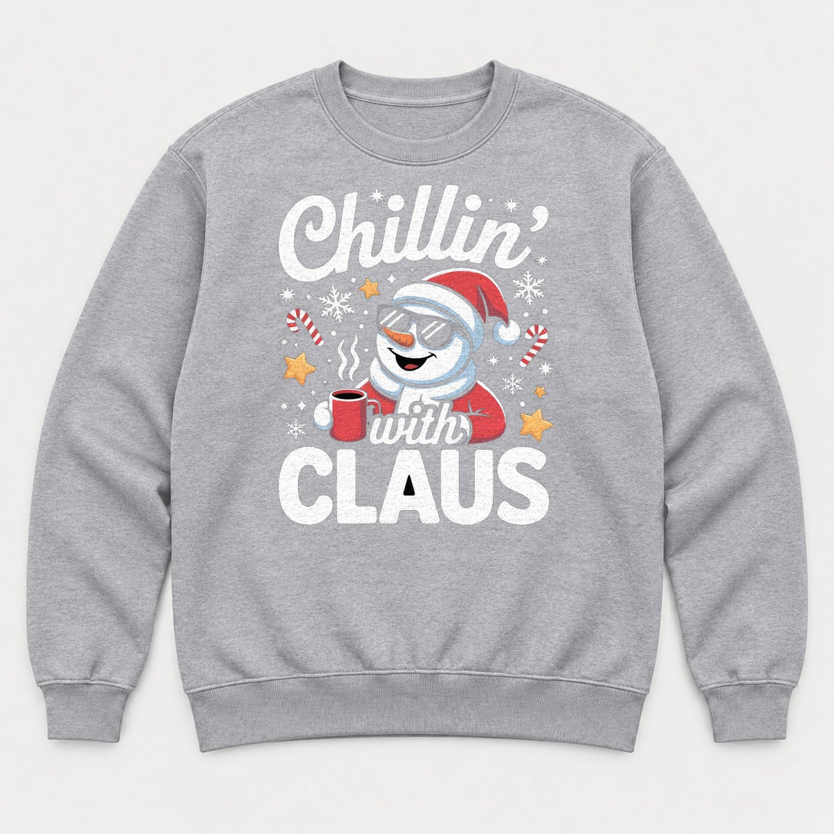 Chillin' With Claus Cool Snowman Santa Hat Graphic T-Shirt & Sweatshirt - Sweatshirt Sport Grey Front