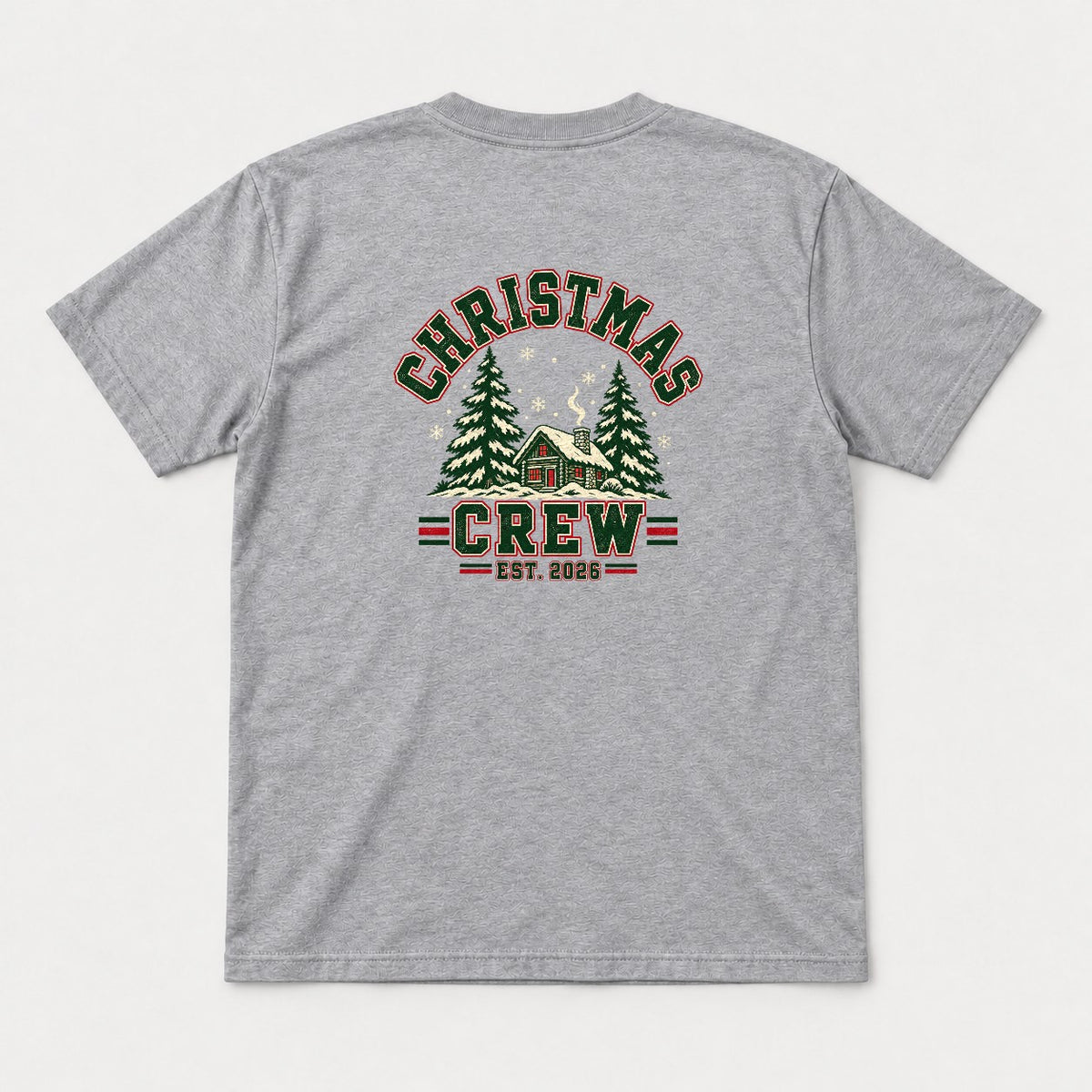 Christmas Crew Varsity Snowy Cabin Graphic T-Shirt & Sweatshirt - Tshirt Sport Grey Back