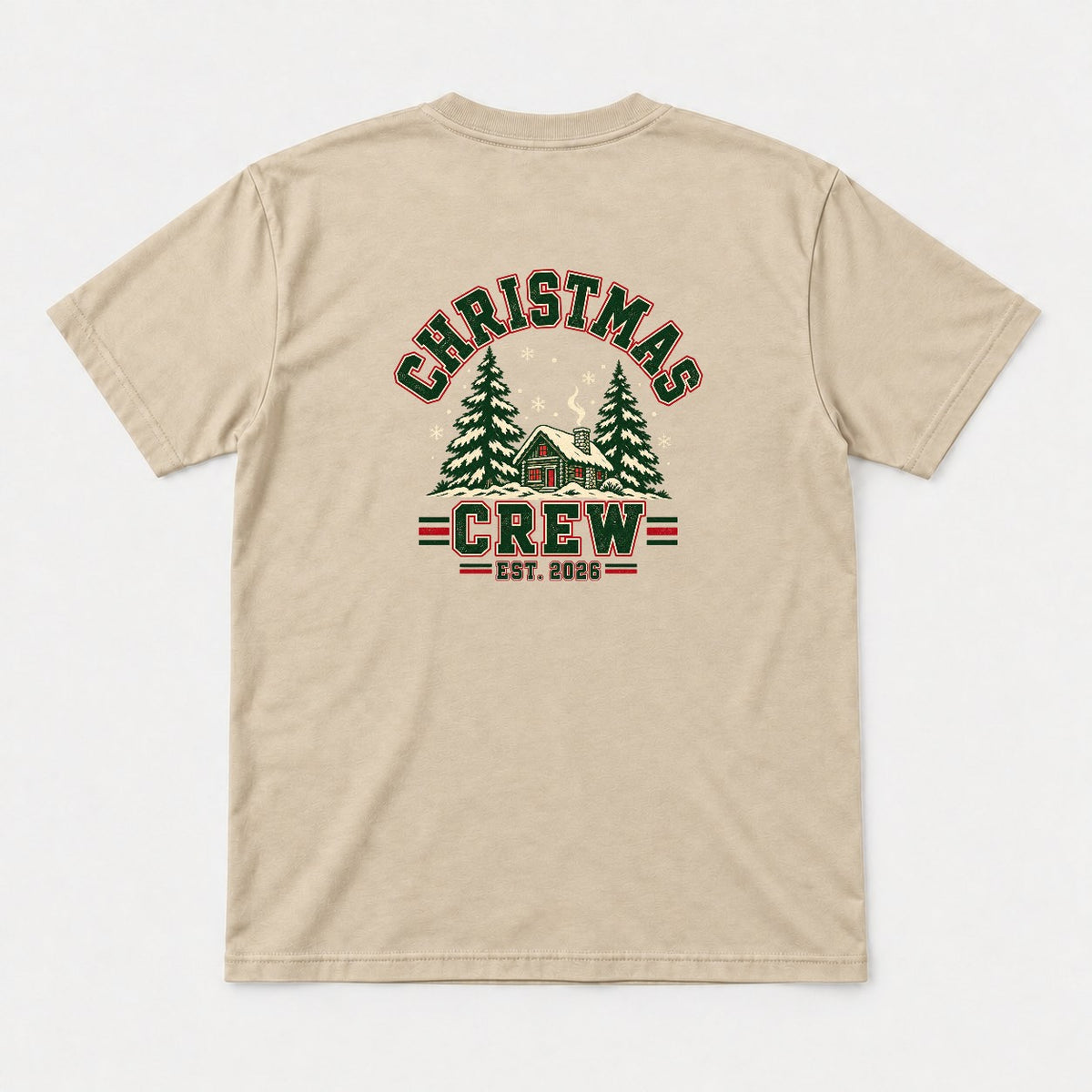 Christmas Crew Varsity Snowy Cabin Graphic T-Shirt & Sweatshirt - Tshirt Sand Back