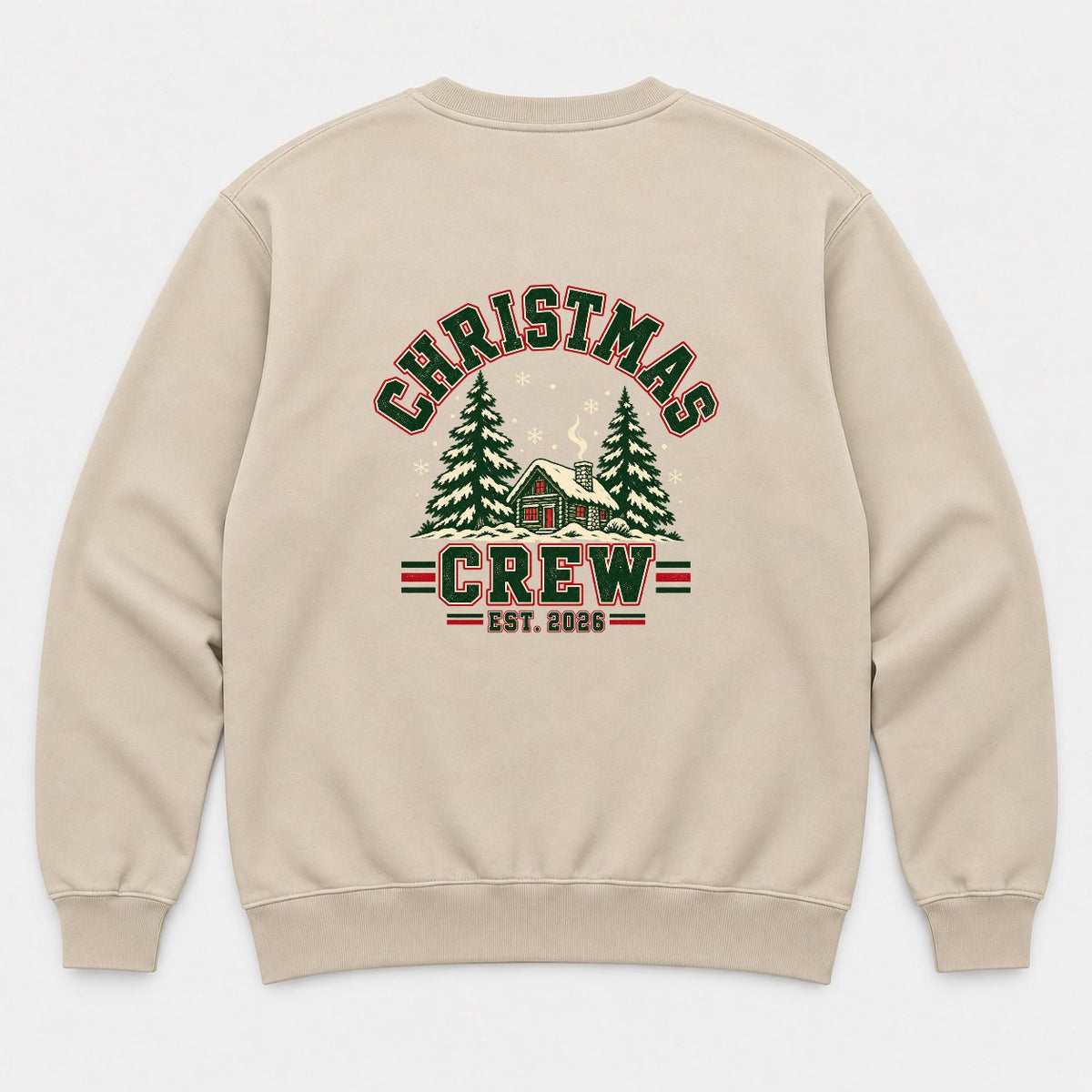Christmas Crew Varsity Snowy Cabin Graphic T-Shirt & Sweatshirt - Sweatshirt Sand Back