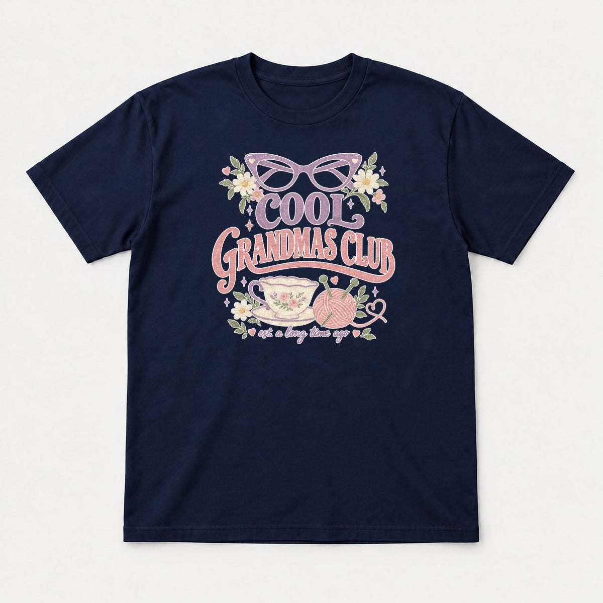Cool Grandmas Club Retro Floral Teacup Graphic T-Shirt & Sweatshirt - Tshirt Navy Front