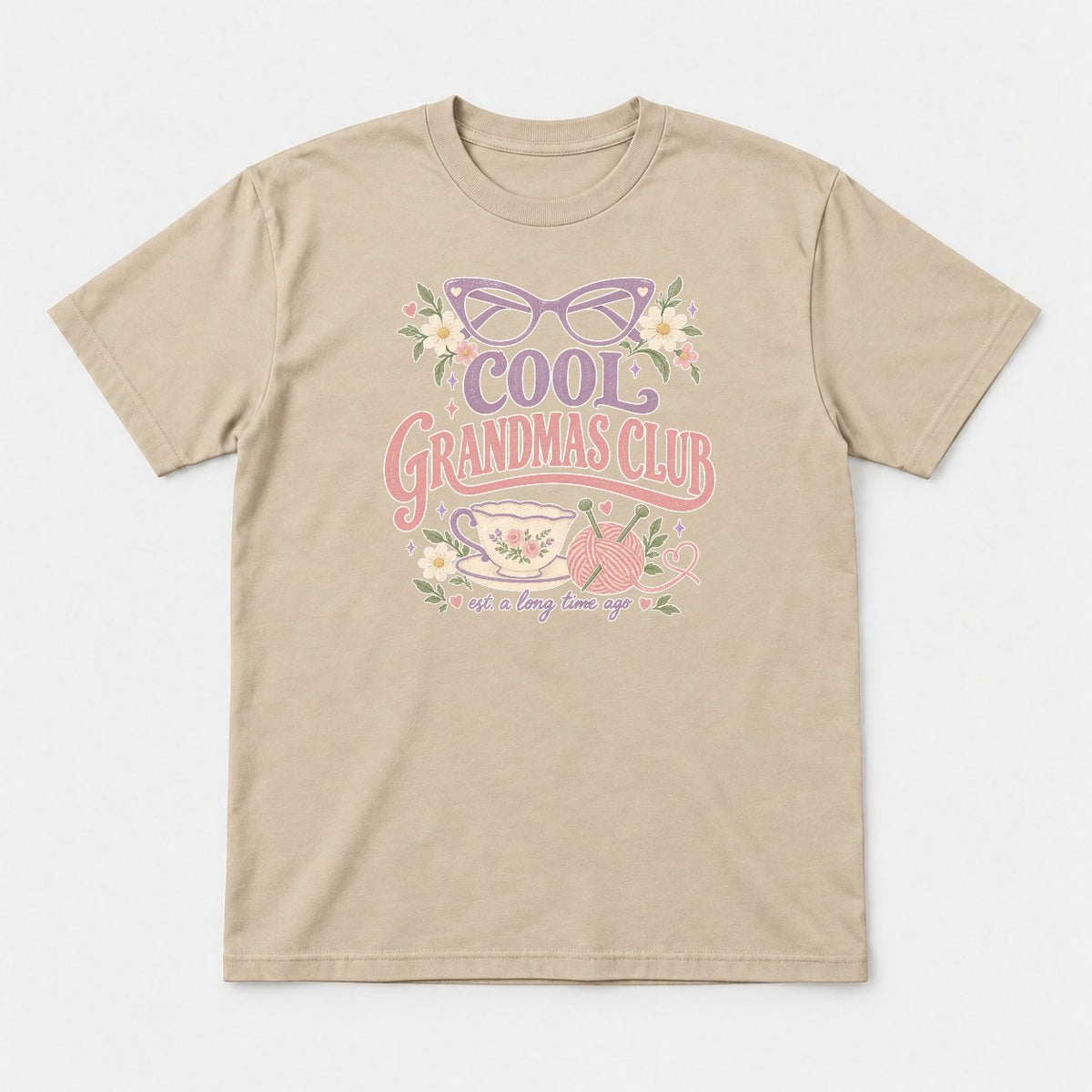 Cool Grandmas Club Retro Floral Teacup Graphic T-Shirt & Sweatshirt - Tshirt Sand Front