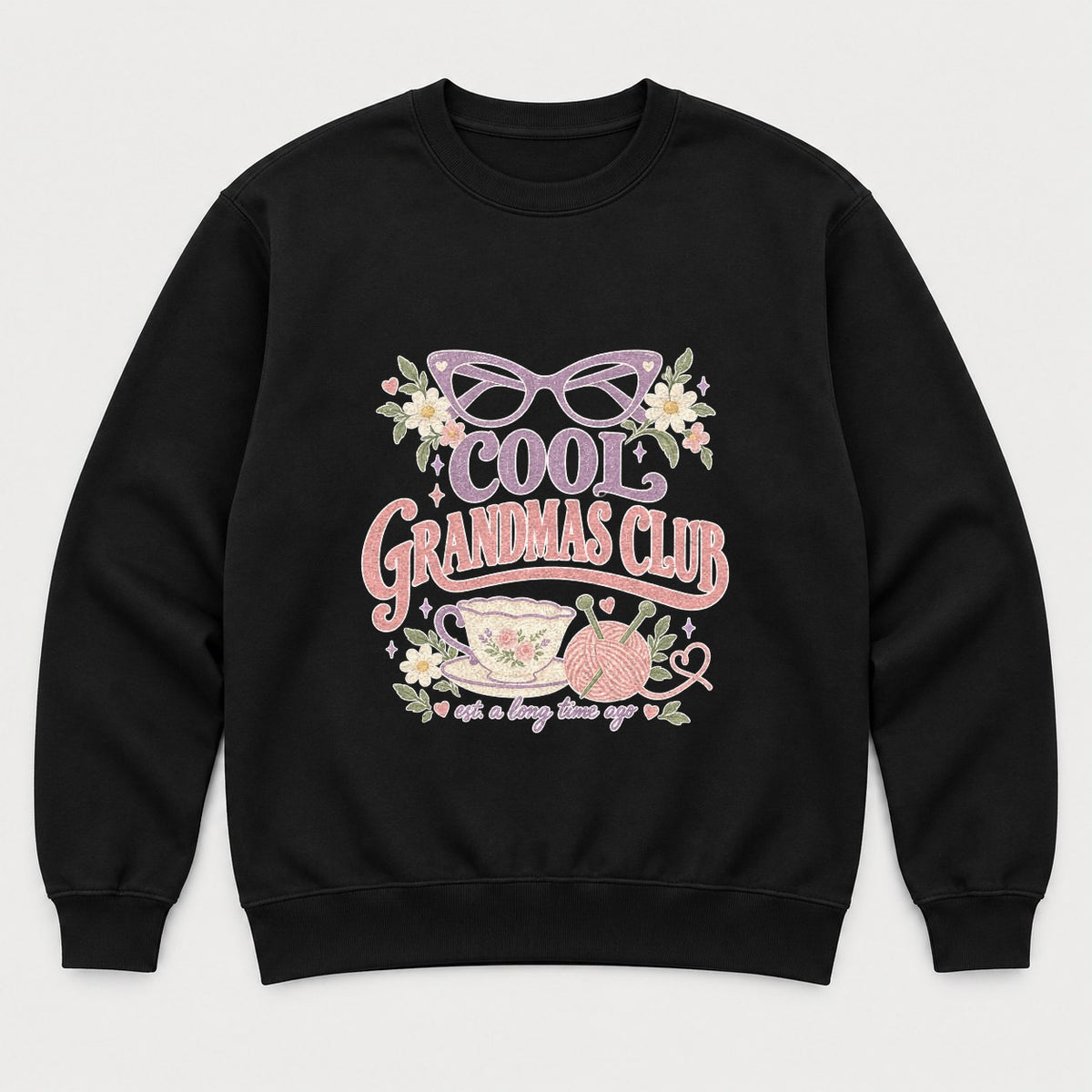 Cool Grandmas Club Retro Floral Teacup Graphic T-Shirt & Sweatshirt - Sweatshirt Black Front