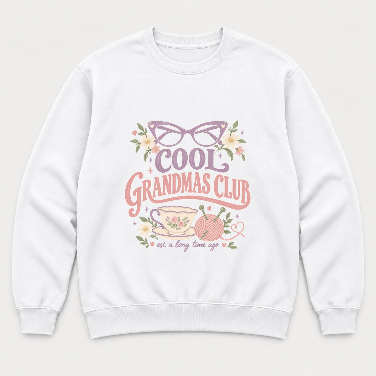 Cool Grandmas Club Retro Floral Teacup Graphic T-Shirt & Sweatshirt - Sweatshirt White Front