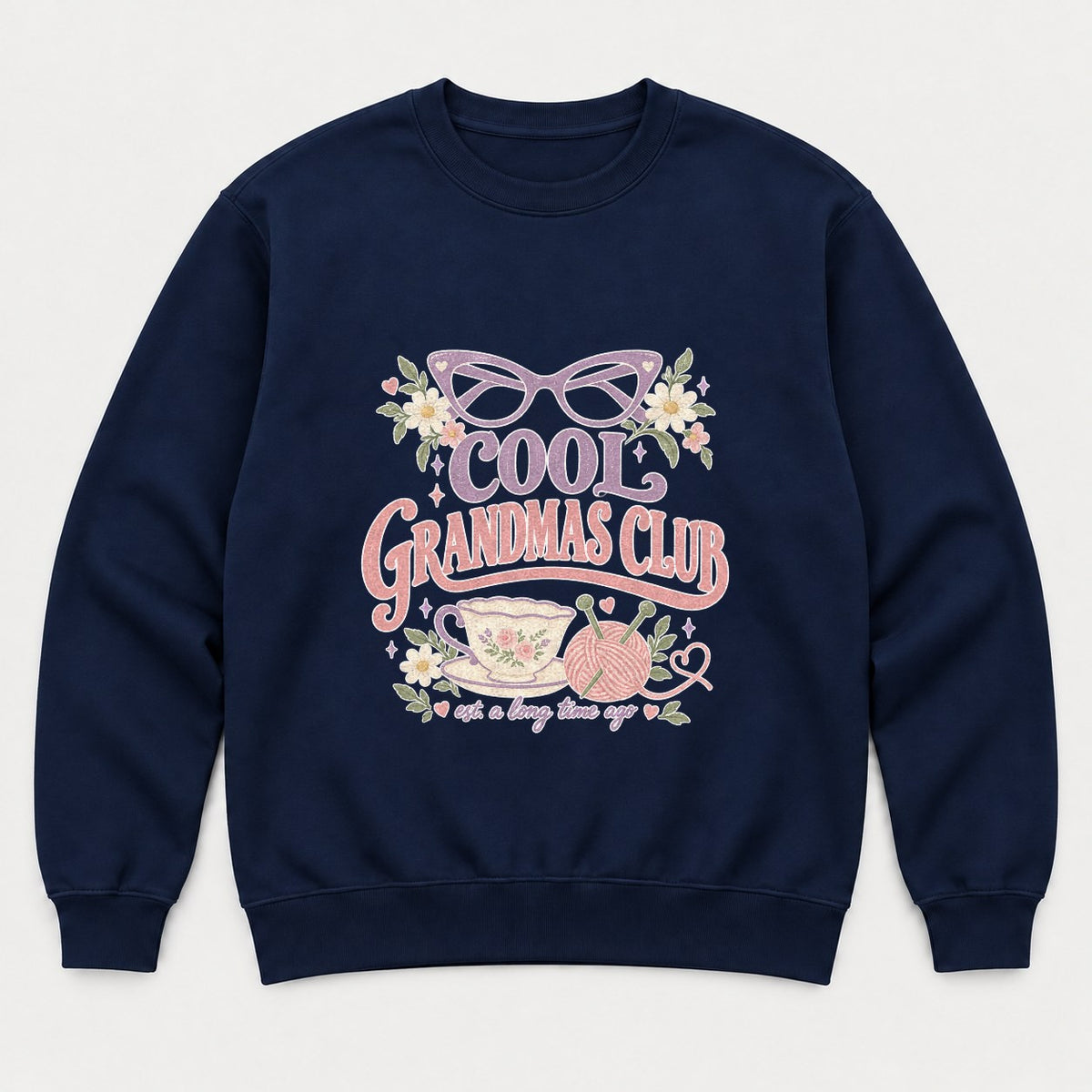 Cool Grandmas Club Retro Floral Teacup Graphic T-Shirt & Sweatshirt - Sweatshirt Navy Front