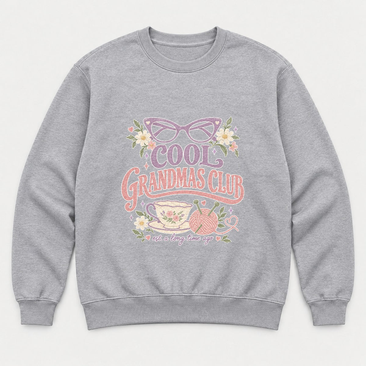 Cool Grandmas Club Retro Floral Teacup Graphic T-Shirt & Sweatshirt - Sweatshirt Sport Grey Front