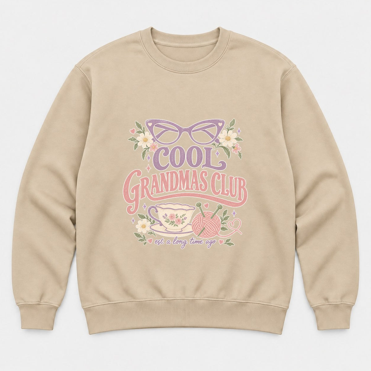 Cool Grandmas Club Retro Floral Teacup Graphic T-Shirt & Sweatshirt - Sweatshirt Sand Front