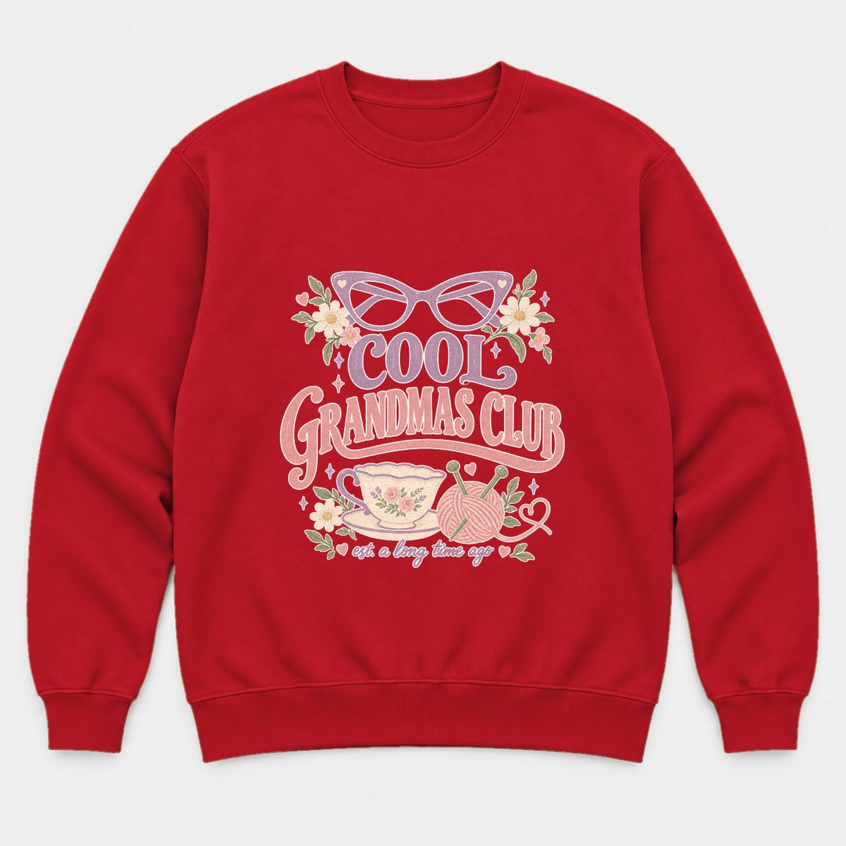 Cool Grandmas Club Retro Floral Teacup Graphic T-Shirt & Sweatshirt - Sweatshirt Red Front