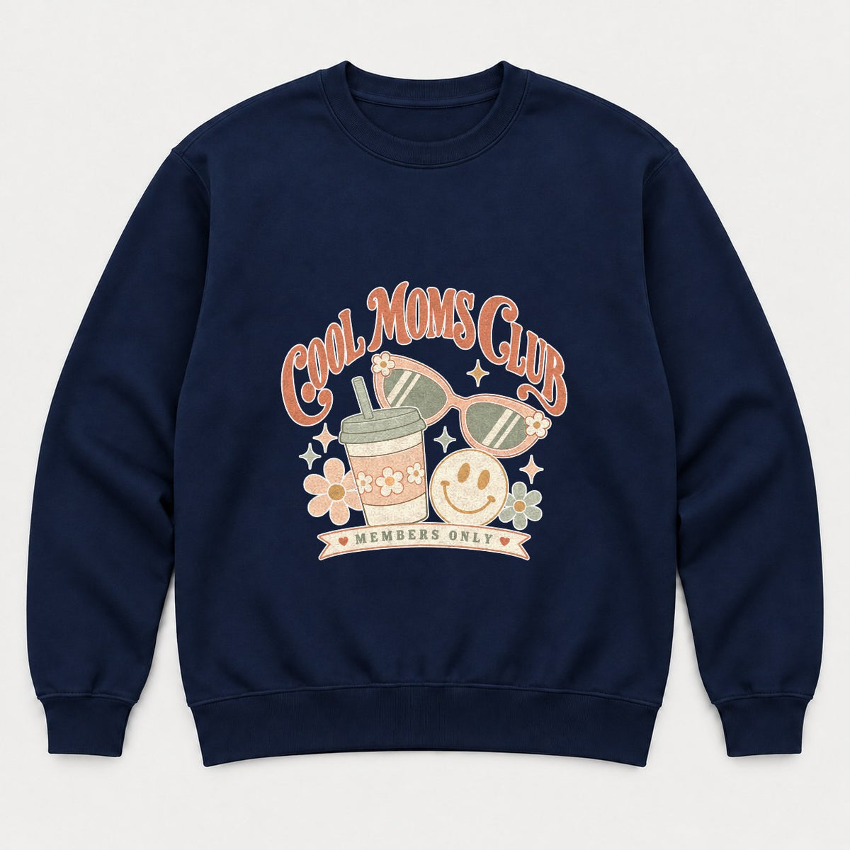 Cool Moms Club Retro Groovy Members Only Graphic T-Shirt & Sweatshirt - Sweatshirt Navy Front